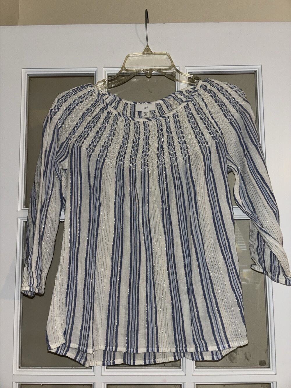 J.Jill women’s white blue striped blouse long sleeve viscose rayon PXS PETITE
